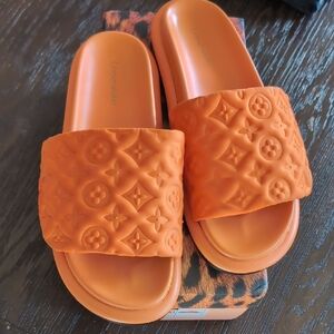 Lemonade LV Orange Slide Sandals Velcro Fabric Pool Beach EUC